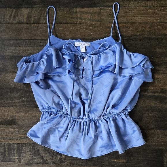 NEW Topshop Satin Blue Ruffle Blouse - Size 4 - Picture 2 of 7
